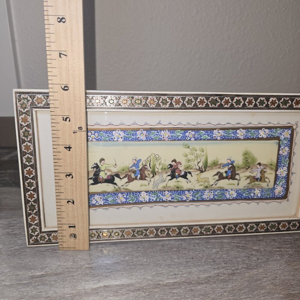 Vintage Persian Miniature Painting of Polo Scene In Khatam Frame - Picture 8 of 11